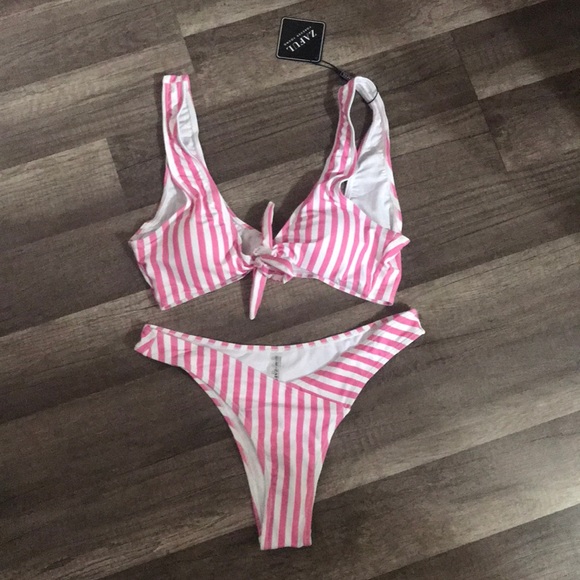 Zaful | Swim | High Cut Pink And White Bikini | Poshmark